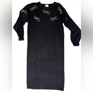 Vintage Darian Black Knit Sweater Dress with Silver Bow Appliqués Size Small